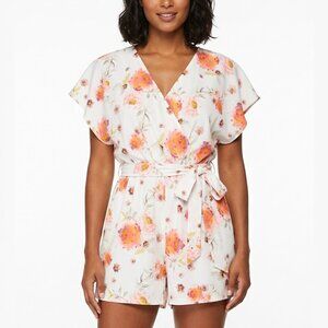 Cosmic Beauty Floral Surplice Romper White Pink Orange Cottagecore Coquette XL